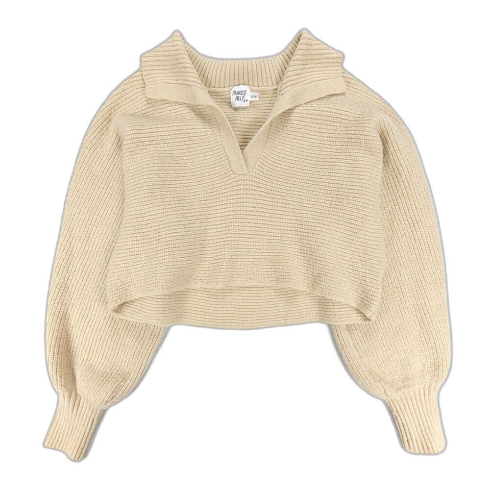 PRINCESS POLLY Quinten 90's Oversized Ribbed Chunky Knit Crop Polo Sweater Cream